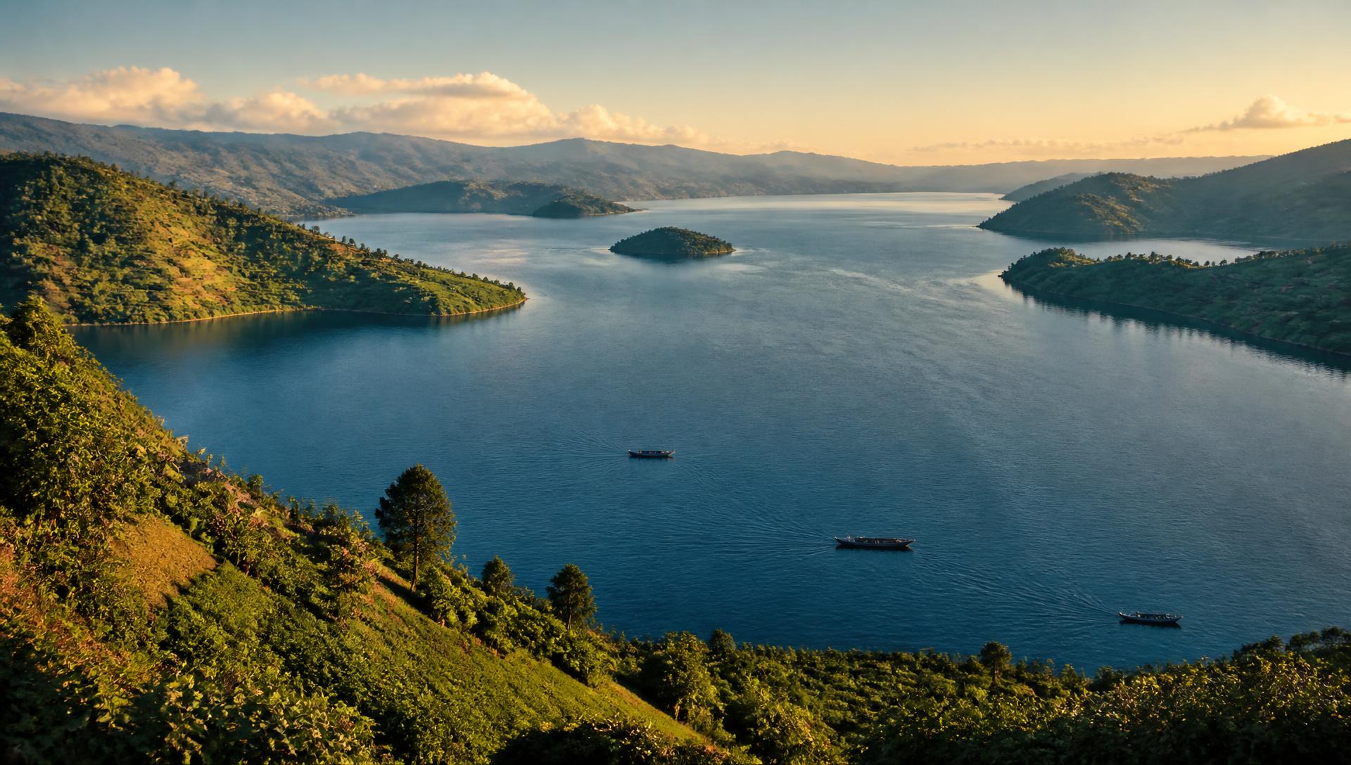 Panorama du lac Kivu au lever du jour, région des Grands Lacs